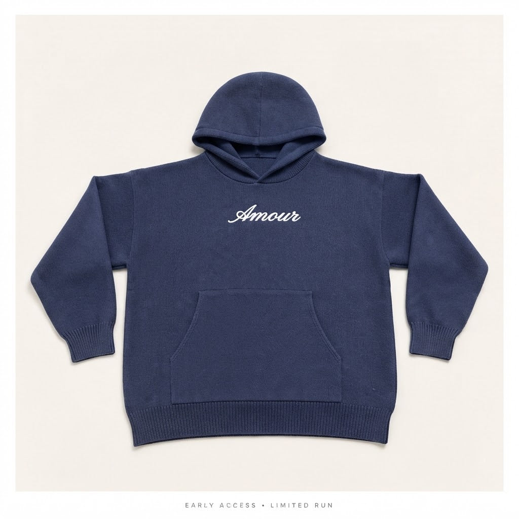 Amour navy knit sweatsuit with cream Amour script