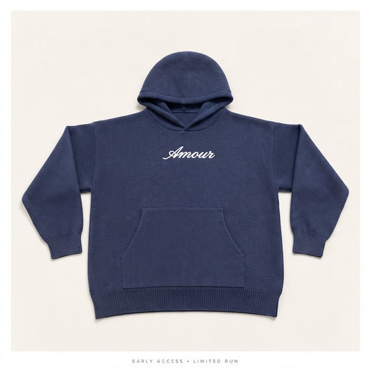 Amour navy knit sweatsuit with cream Amour script