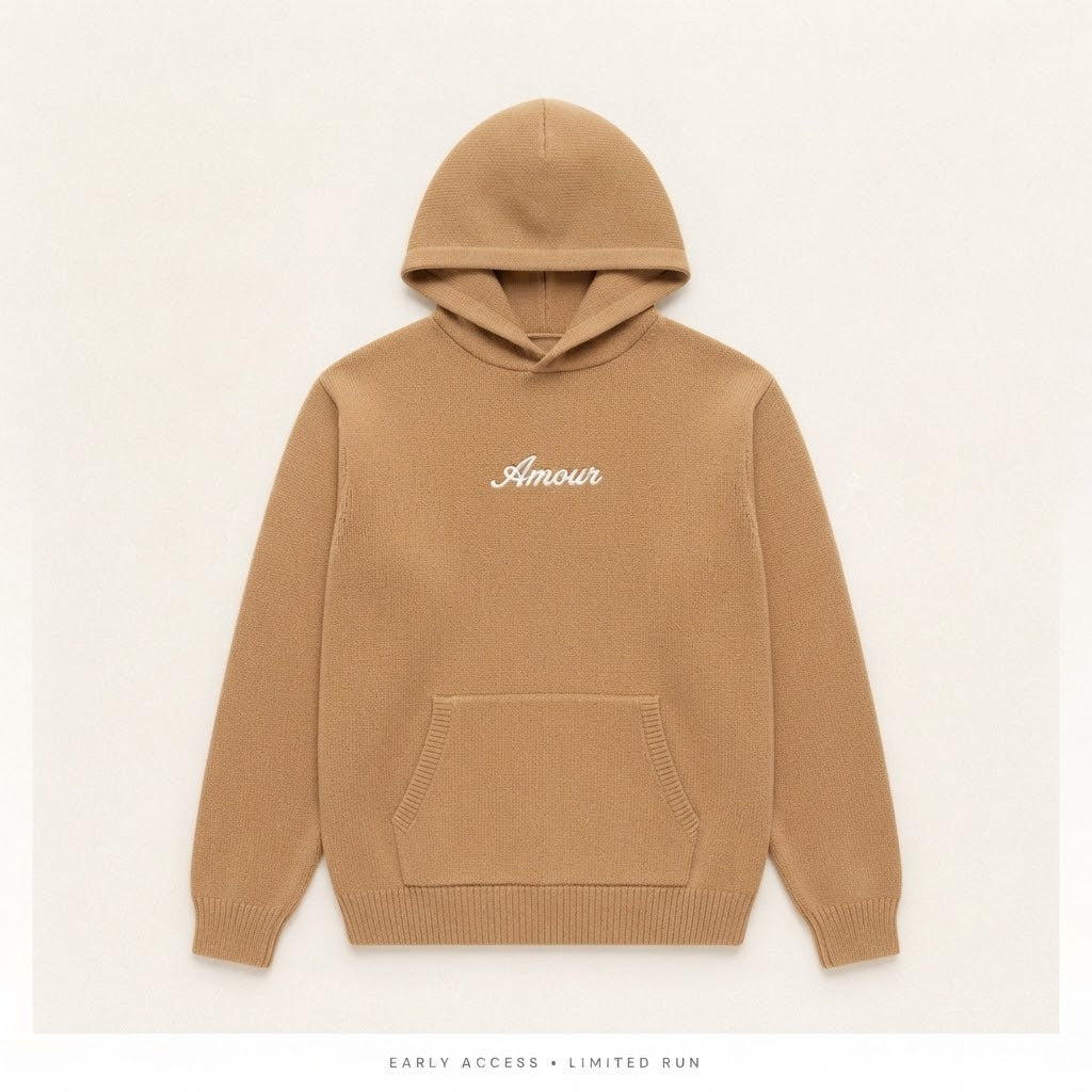 Amour butterscotch knit sweatsuit with cream Amour script