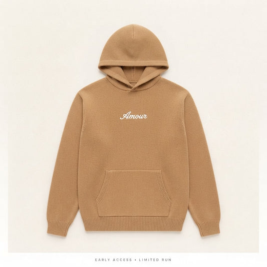 Amour butterscotch knit sweatsuit with cream Amour script